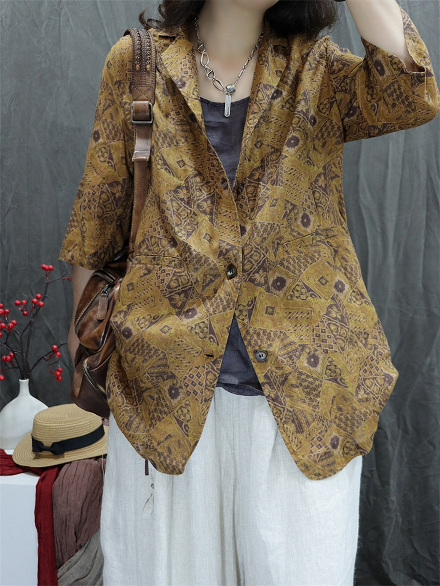 Plus Size Women Summer Vintage Flower Lapel 100%Ramie Shirt