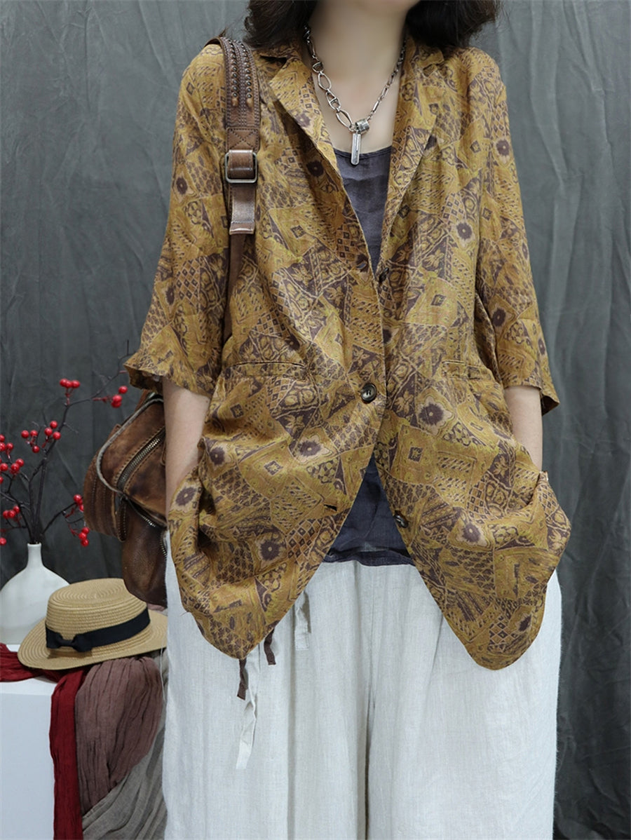 Plus Size Women Summer Vintage Flower Lapel 100%Ramie Shirt