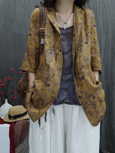 Plus Size Women Summer Vintage Flower Lapel 100%Ramie Shirt