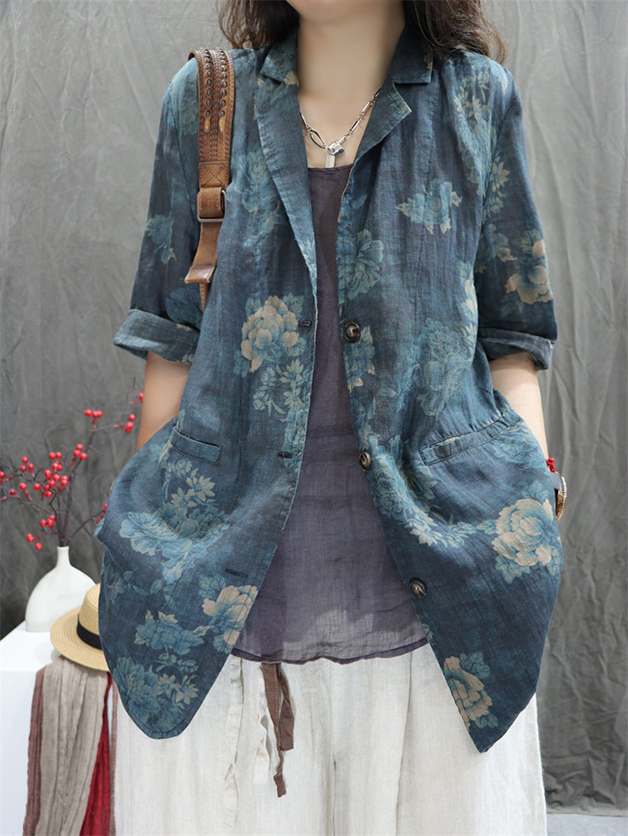 Plus Size Women Summer Vintage Flower Lapel 100%Ramie Shirt