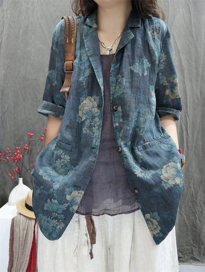 Plus Size Women Summer Vintage Flower Lapel 100%Ramie Shirt