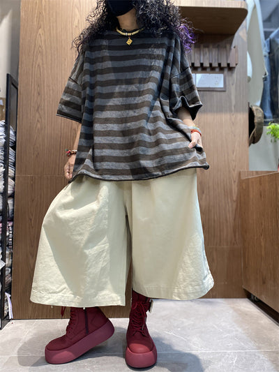 Plus size Women Summer Stripe Colorblock O-Neck Shirt