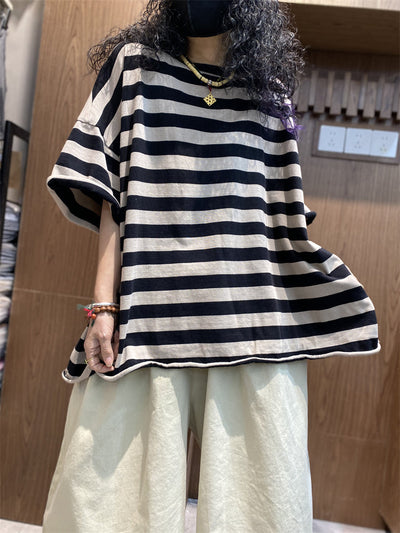 Plus size Women Summer Stripe Colorblock O-Neck Shirt
