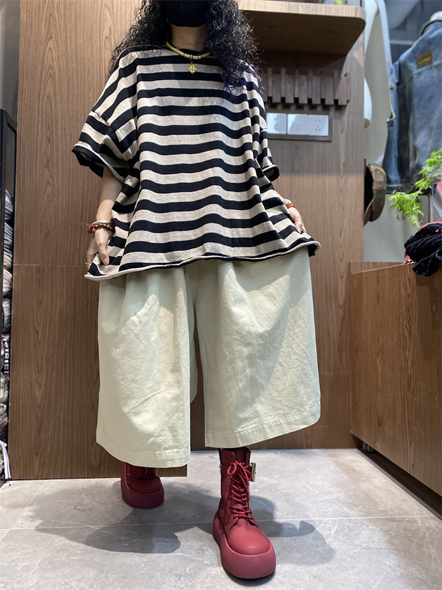 Plus size Women Summer Stripe Colorblock O-Neck Shirt