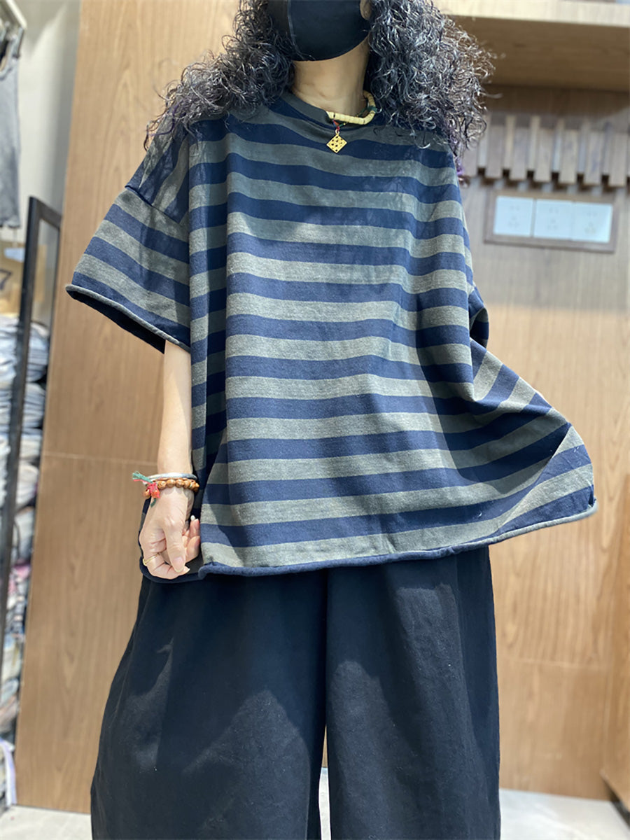 Plus size Women Summer Stripe Colorblock O-Neck Shirt