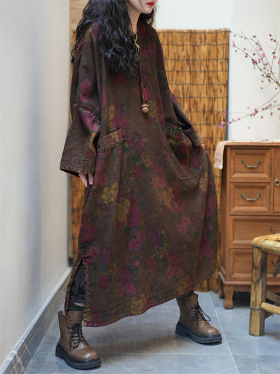 Women Spring Retro Flower O-Neck Maxi Dress