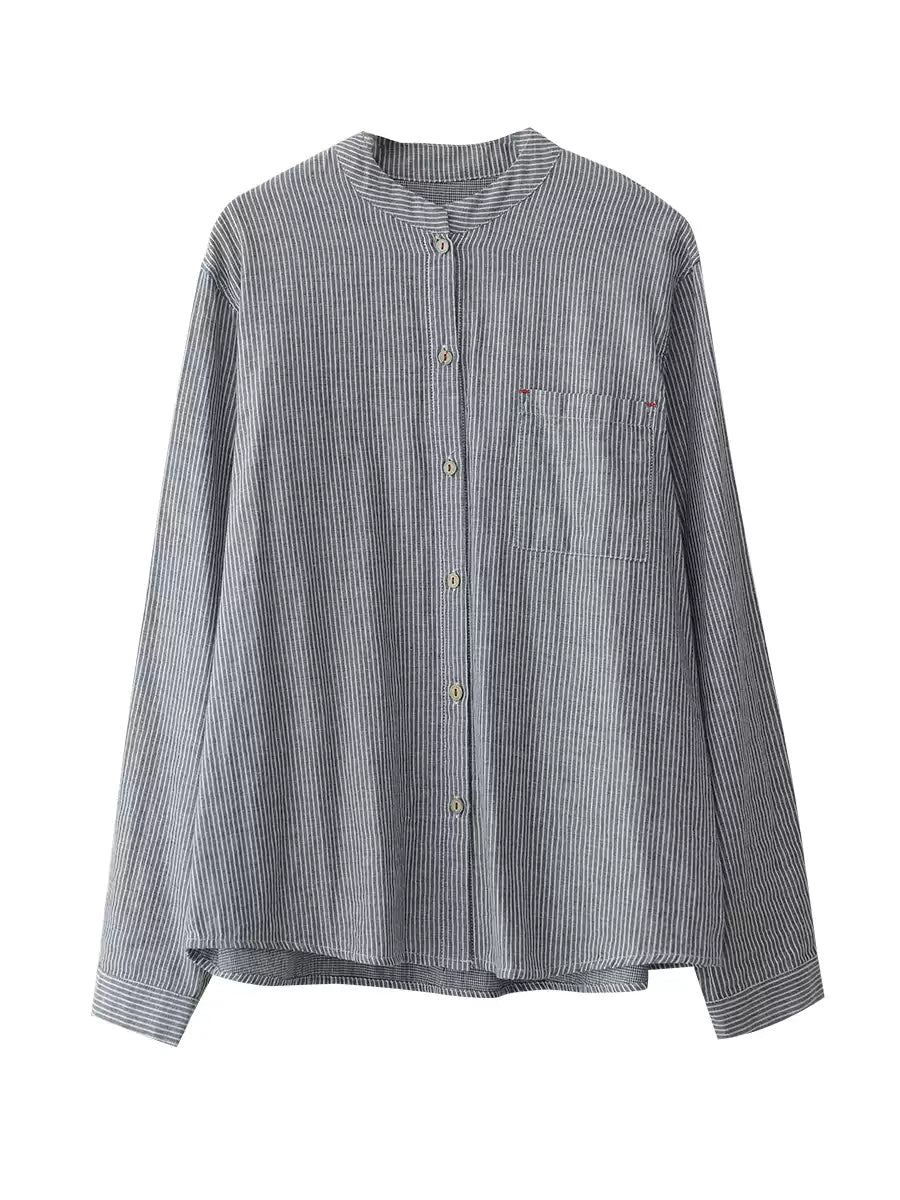 Plus Size Women Summer Vintage Stripe 100%Cotton Stand Collar Shirt