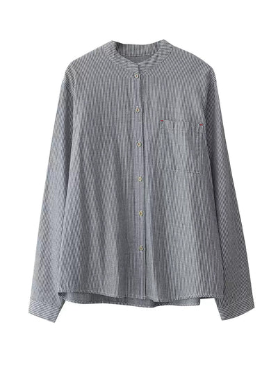 Plus Size Women Summer Vintage Stripe 100%Cotton Stand Collar Shirt