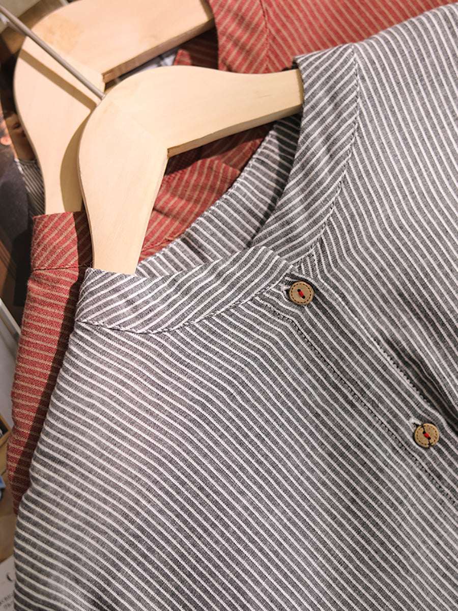 Plus Size Women Summer Vintage Stripe 100%Cotton Stand Collar Shirt