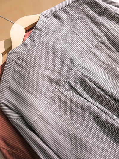 Plus Size Women Summer Vintage Stripe 100%Cotton Stand Collar Shirt