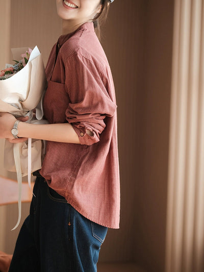 Plus Size Women Summer Vintage Stripe 100%Cotton Stand Collar Shirt