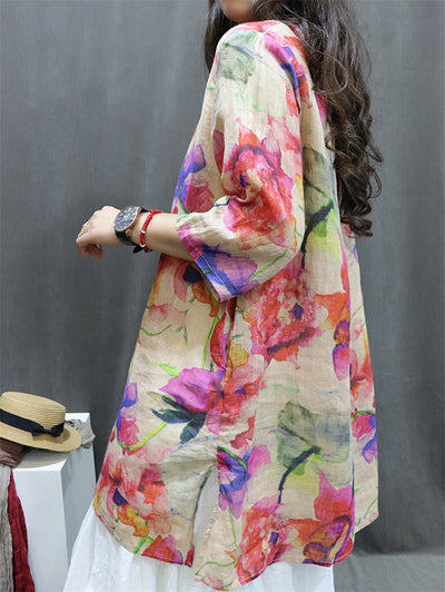Plus Size Women Spring Vintage Flower V-Neck 100%Ramie Shirt