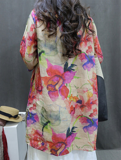 Plus Size Women Spring Vintage Flower V-Neck 100%Ramie Shirt