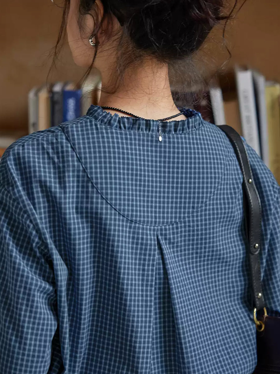 Plus Size Women Spring Plaid V-Neck 100%Cotton Shirt