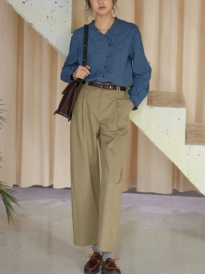 Plus Size Women Spring Plaid V-Neck 100%Cotton Shirt