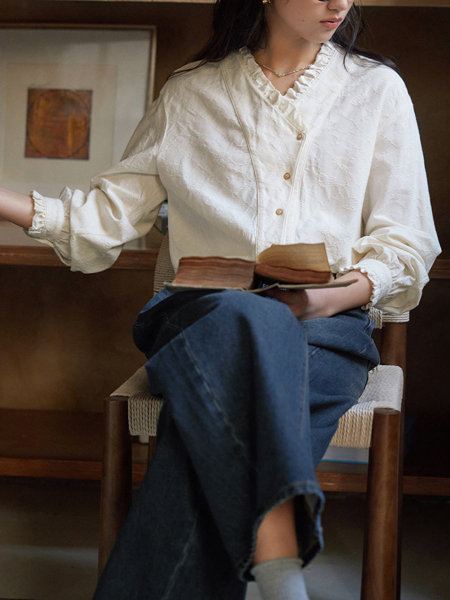 Plus Size Women Spring Plaid V-Neck 100%Cotton Shirt