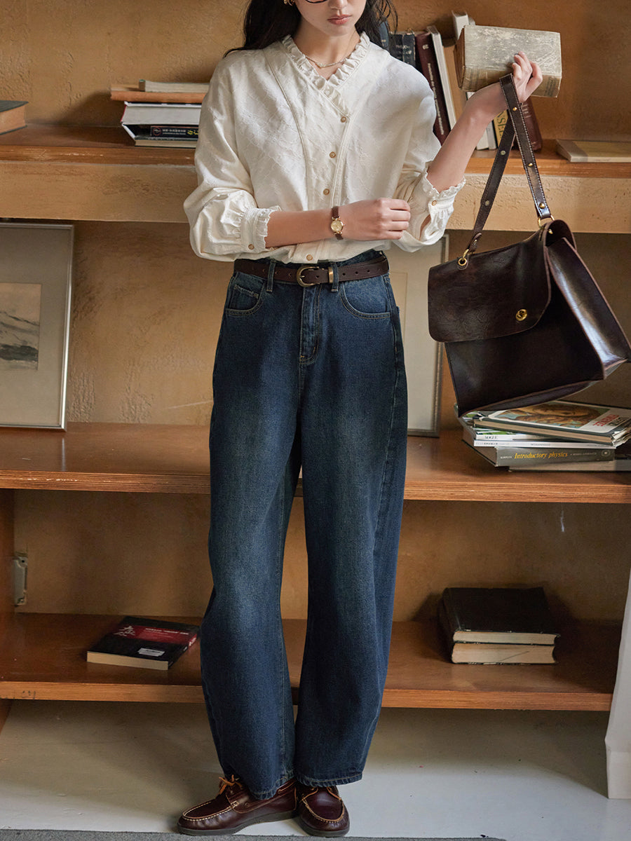 Plus Size Women Spring Plaid V-Neck 100%Cotton Shirt