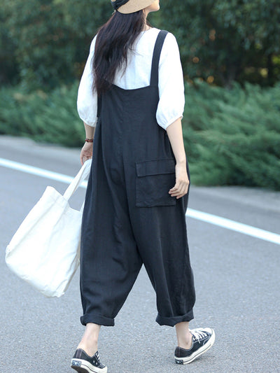 Plus Size Women Summer Casual Pure Color Loose Jumpsuits