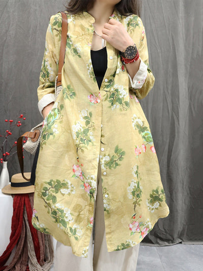 Plus Size Women Vintage Flower Stand Collar 100%Linen Long Shirt
