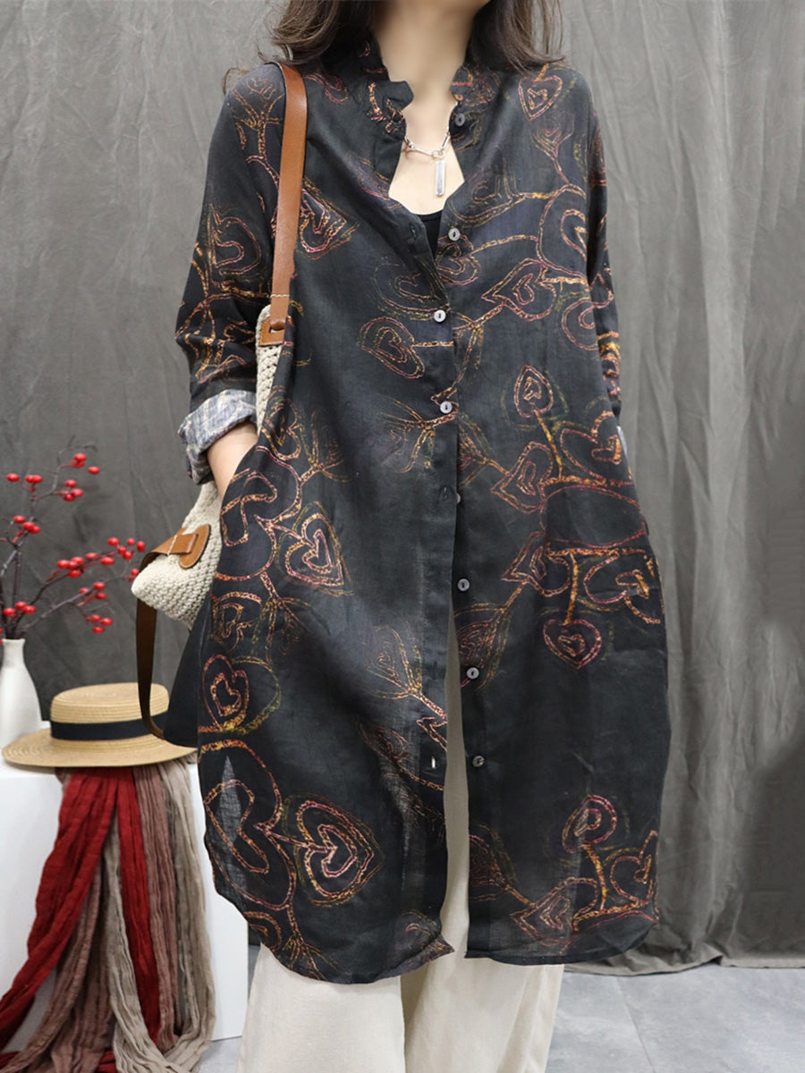 Plus Size Women Vintage Flower Stand Collar 100%Linen Long Shirt