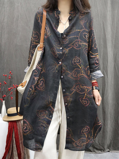 Plus Size Women Vintage Flower Stand Collar 100%Linen Long Shirt