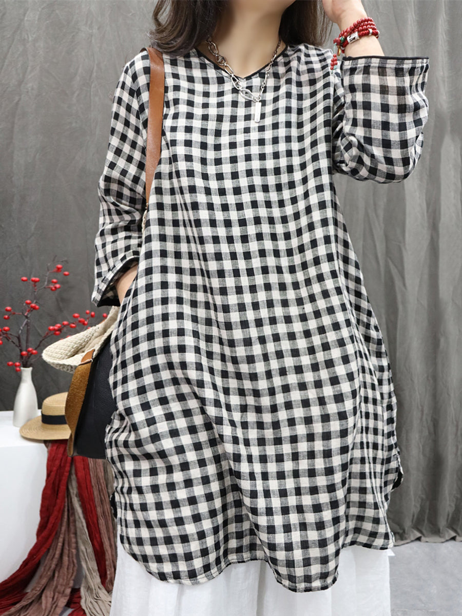Plus Size Women Vintage Plaid O-Neck Long Shirt