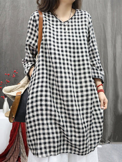 Plus Size Women Vintage Plaid O-Neck Long Shirt