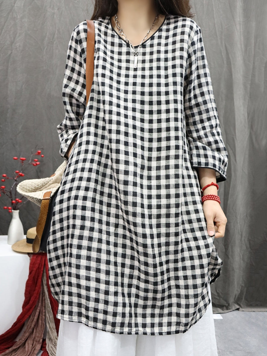Plus Size Women Vintage Plaid O-Neck Long Shirt