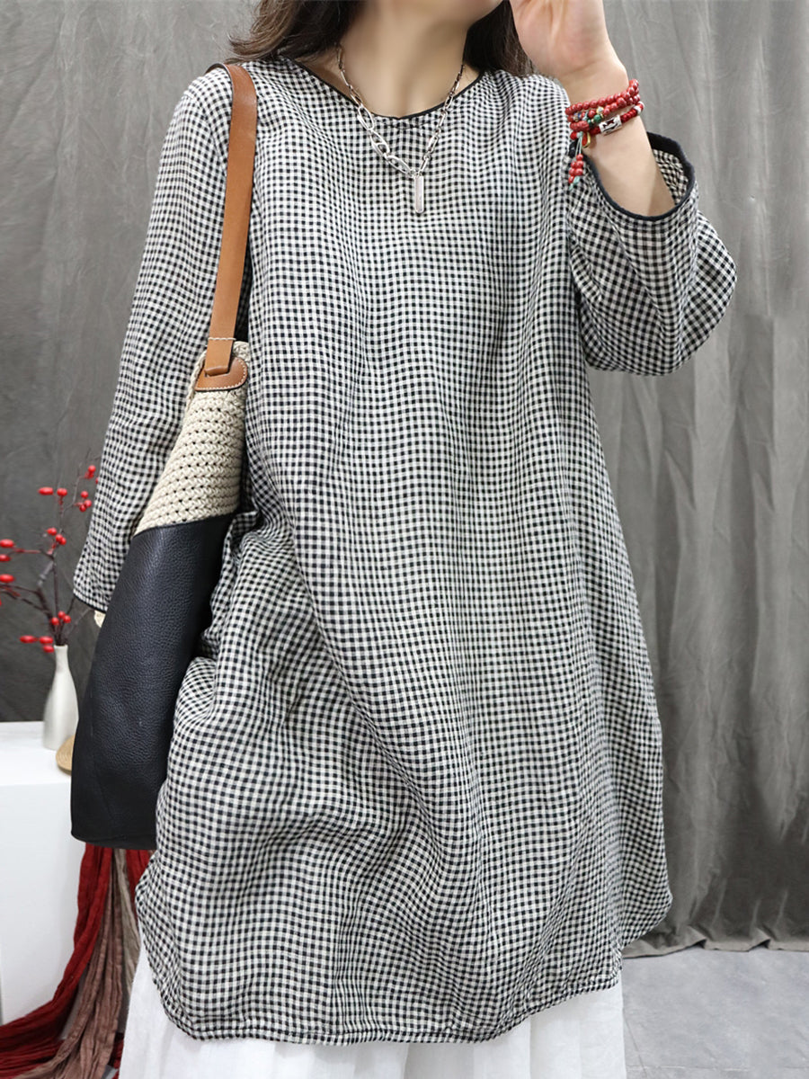 Plus Size Women Vintage Plaid O-Neck Long Shirt