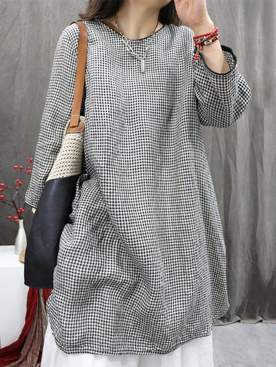 Plus Size Women Vintage Plaid O-Neck Long Shirt