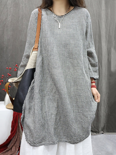 Plus Size Women Vintage Plaid O-Neck Long Shirt