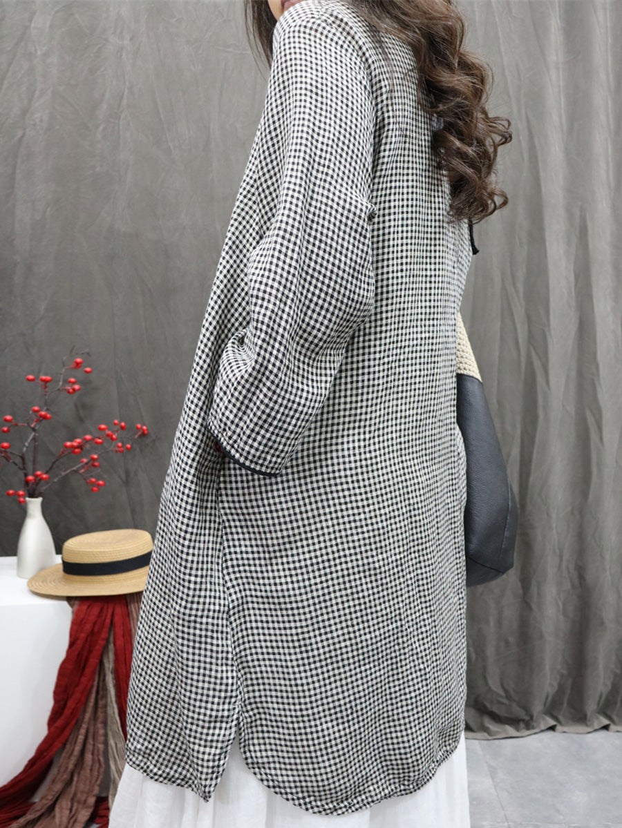 Plus Size Women Vintage Plaid O-Neck Long Shirt