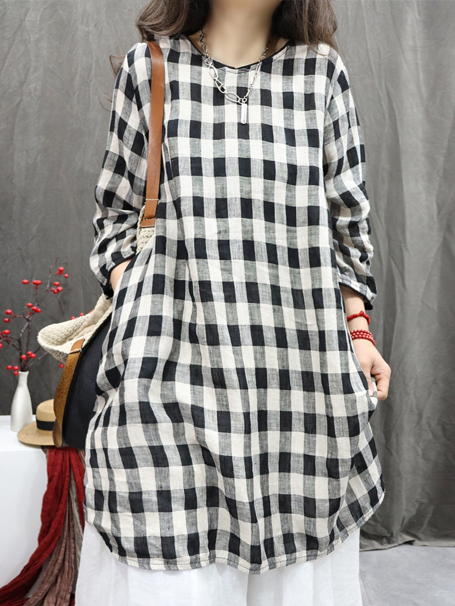 Plus Size Women Vintage Plaid O-Neck Long Shirt