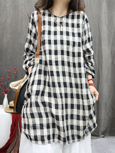 Plus Size Women Vintage Plaid O-Neck Long Shirt