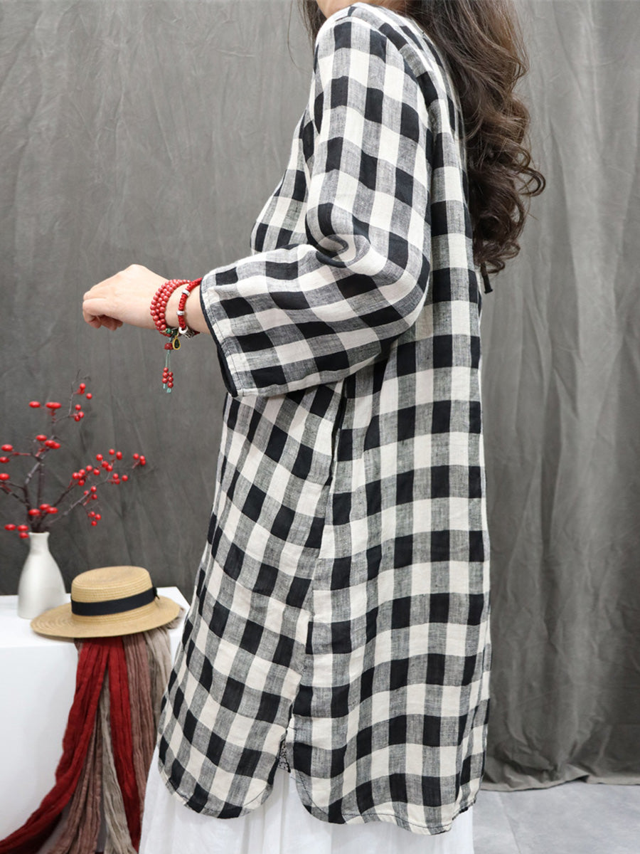 Plus Size Women Vintage Plaid O-Neck Long Shirt