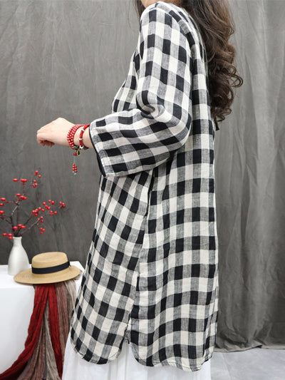 Plus Size Women Vintage Plaid O-Neck Long Shirt