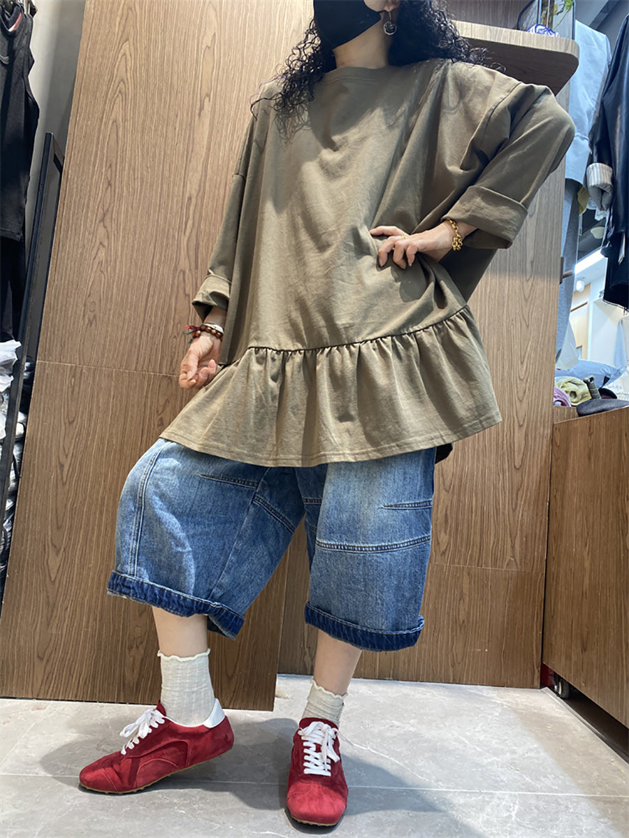 Plus Size Women Spring Pure Color Ruffles Hem Cotton Shirt