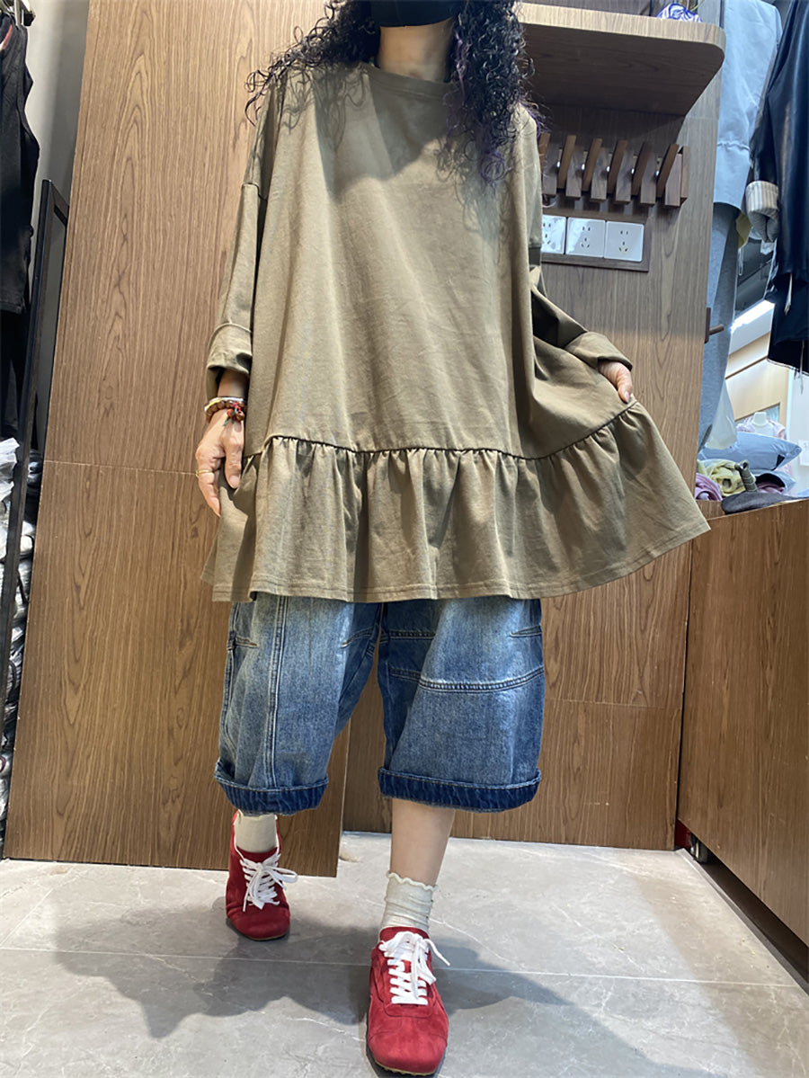 Plus Size Women Spring Pure Color Ruffles Hem Cotton Shirt