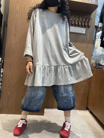 Plus Size Women Spring Pure Color Ruffles Hem Cotton Shirt