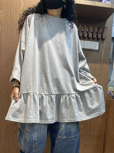 Plus Size Women Spring Pure Color Ruffles Hem Cotton Shirt