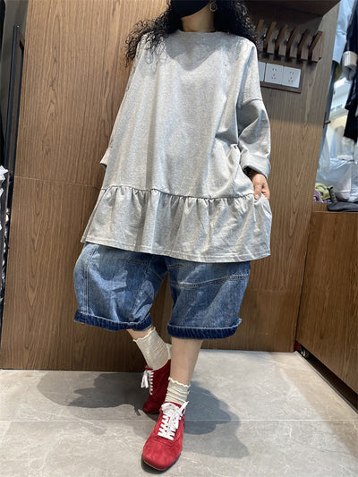 Plus Size Women Spring Pure Color Ruffles Hem Cotton Shirt