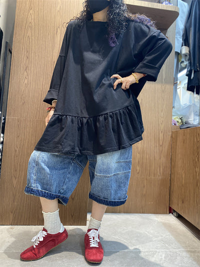 Plus Size Women Spring Pure Color Ruffles Hem Cotton Shirt