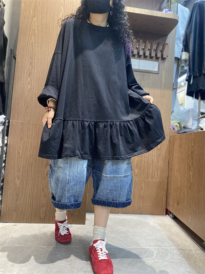 Plus Size Women Spring Pure Color Ruffles Hem Cotton Shirt