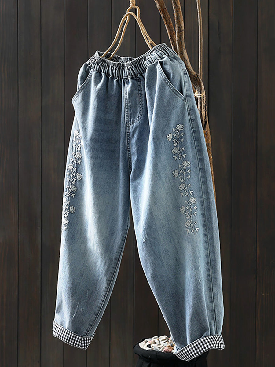 Women Spring Retro Flower Embroidery Denim Harem Pants