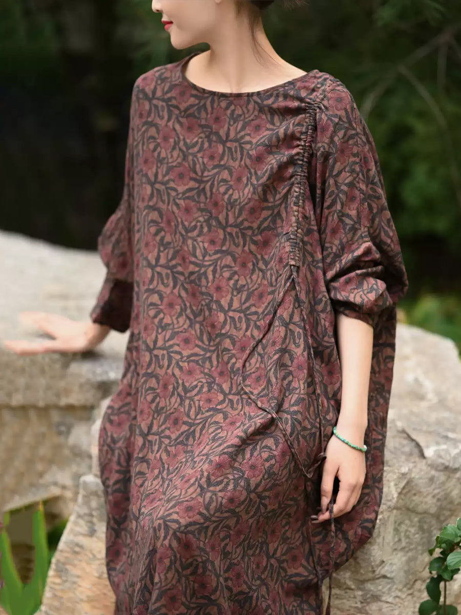 Plus Size Women Spring Retro Flower 100%Cotton O-Neck Loose Dress