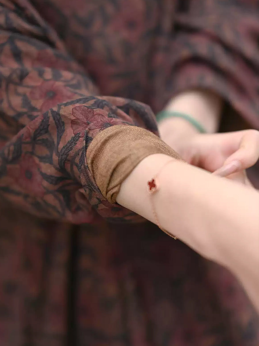 Plus Size Women Spring Retro Flower 100%Cotton O-Neck Loose Dress