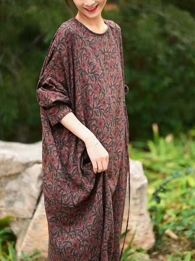 Plus Size Women Spring Retro Flower 100%Cotton O-Neck Loose Dress