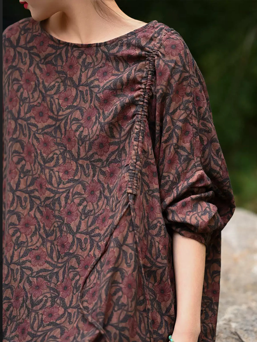 Plus Size Women Spring Retro Flower 100%Cotton O-Neck Loose Dress