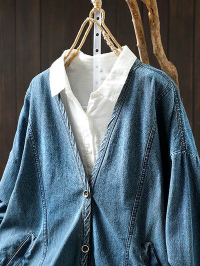 Women Vintage Spring V-Neck Denim Shirt Coat