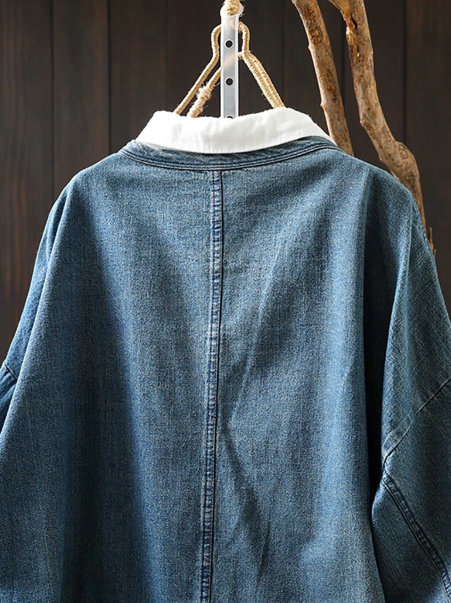 Women Vintage Spring V-Neck Denim Shirt Coat